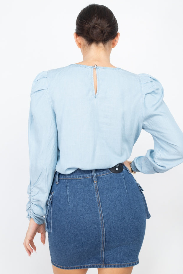 Shirring Puff Sleeves Denim Top - Spicy and Sexy