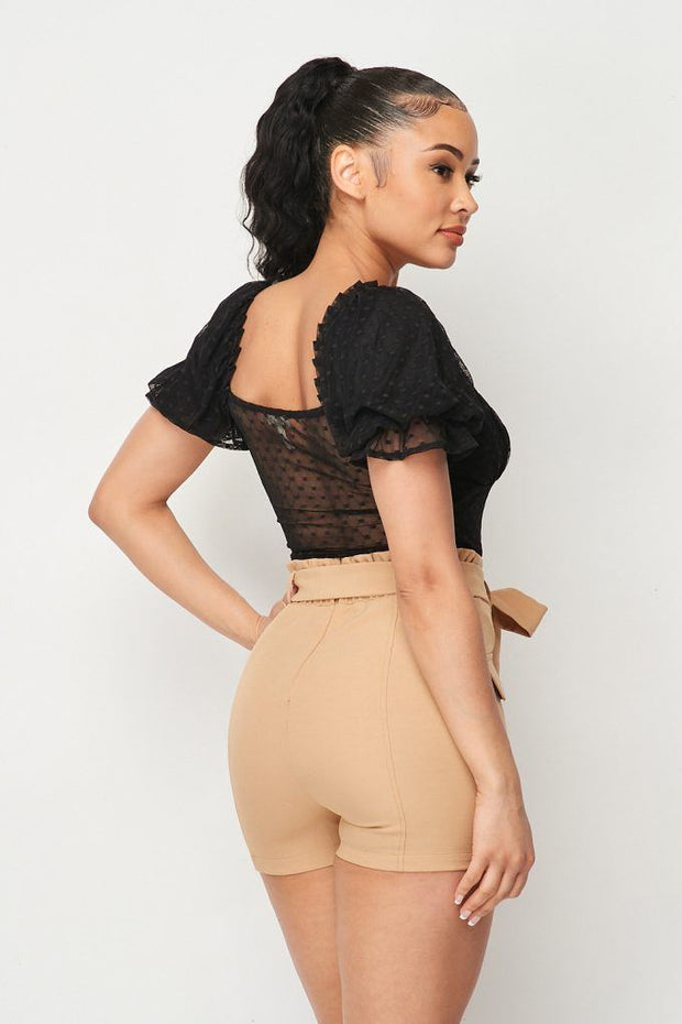 Luxe Polkadot Stretch Mesh Puff Sleeve Bodysuit - Spicy and Sexy