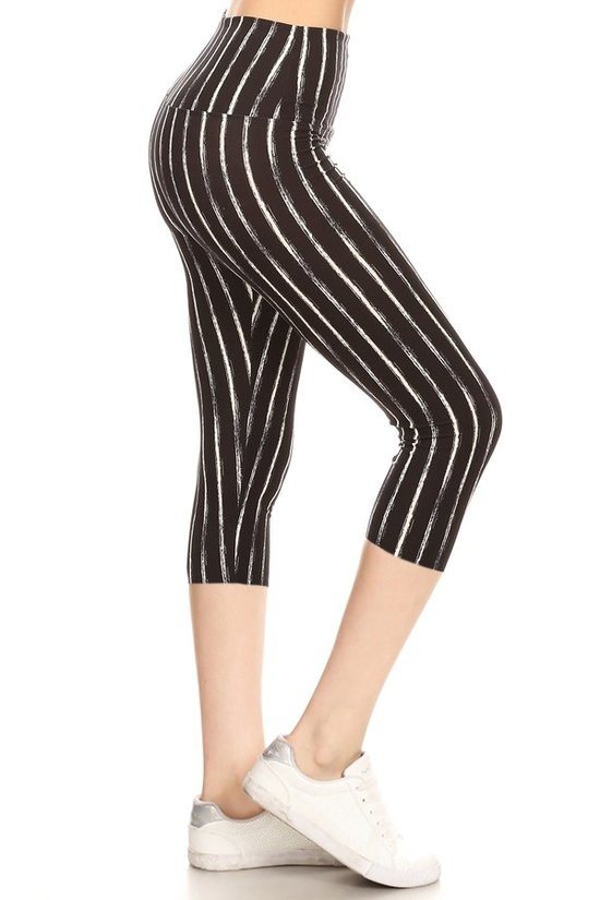 Yoga Style Banded Lined Stripe Printed Knit Capri Legging - Spicy and Sexy