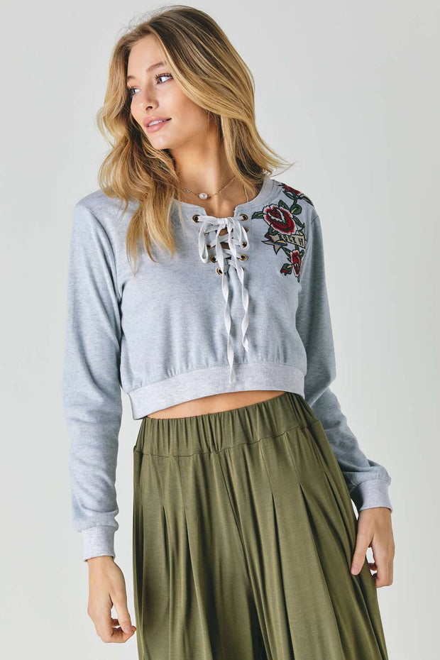 Floral Embroidered Cropped Sweatshirt - Spicy and Sexy