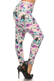 Plus Size Floral Print, Full Length Leggings In A Slim Fitting Style With A Banded High Waist - Spicy and Sexy