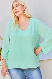 V Neck Bubble Sleeve Solid Top - Spicy and Sexy
