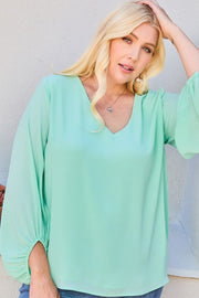 V Neck Bubble Sleeve Solid Top - Spicy and Sexy
