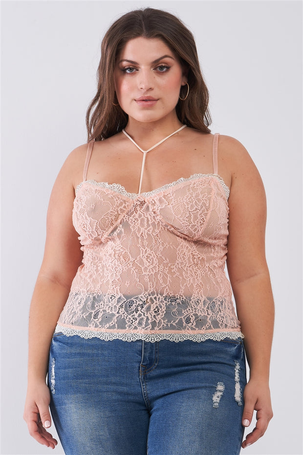 Plus Size Sleeveless Sheer Lace Halter Neck Detail Bustier Top - Spicy and Sexy