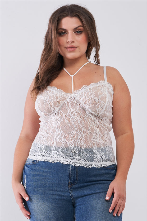 Plus Size Sleeveless Sheer Lace Halter Neck Detail Bustier Top - Spicy and Sexy