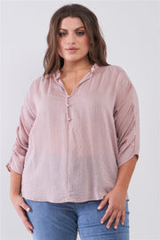 Plus Striped Frill Neck Gathered Sleeve Detail Button-Down Relaxed Boho Top - Spicy and Sexy