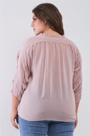 Plus Striped Frill Neck Gathered Sleeve Detail Button-Down Relaxed Boho Top - Spicy and Sexy