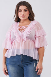 Plus Sheer Mesh Ruffle Lace-Up V-Neck Detail Wide Sleeve Relaxed Top - Spicy and Sexy