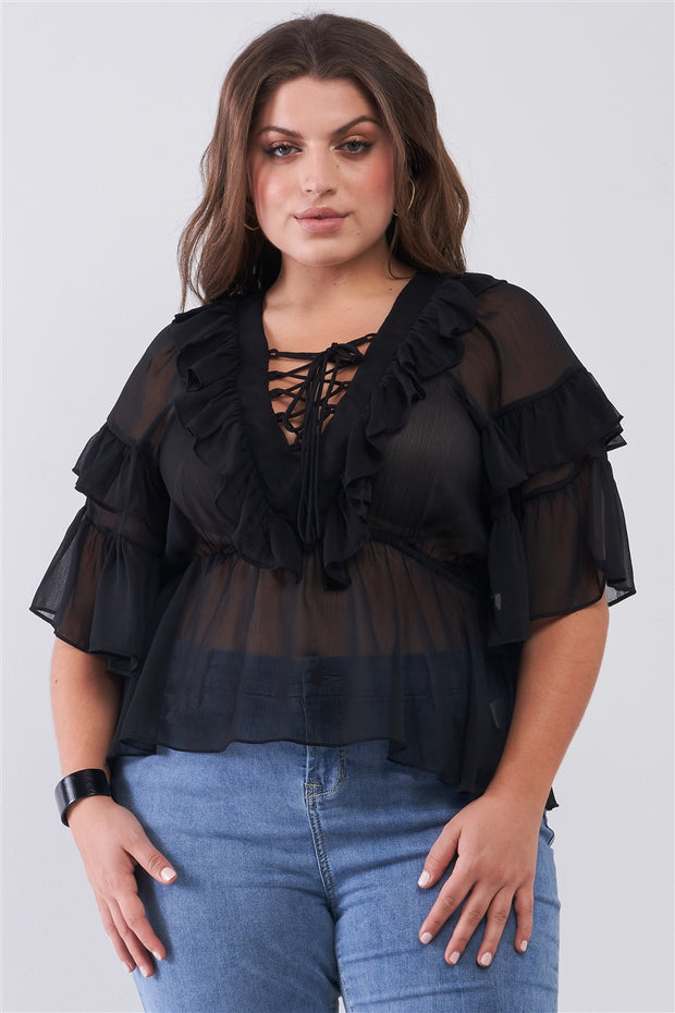 Plus Sheer Mesh Ruffle Lace-Up V-Neck Detail Wide Sleeve Relaxed Top - Spicy and Sexy