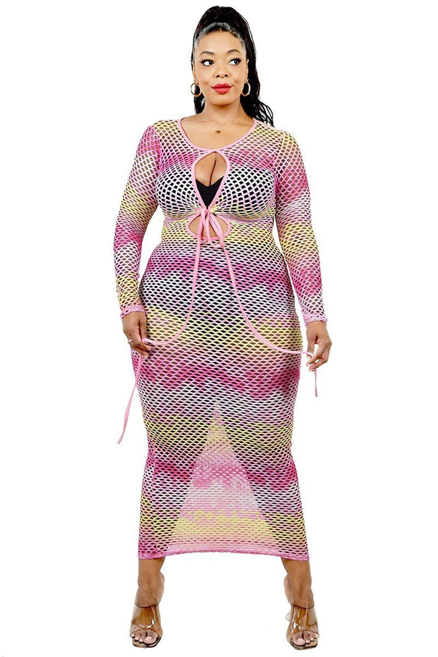 Plus See-Through Gradient Fishnet Overlay Dress - Spicy and Sexy