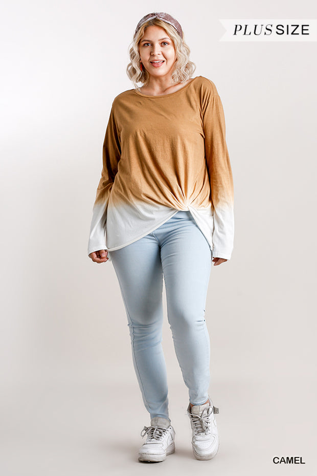 Ombre Print Long Sleeve Top With Gathered Front Detail And Raw Hem - Spicy and Sexy