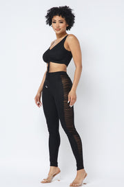 Mesh Strappy Adjustable Ruched Crop Top With Matching See Through Side Panel Leggings - Spicy and Sexy