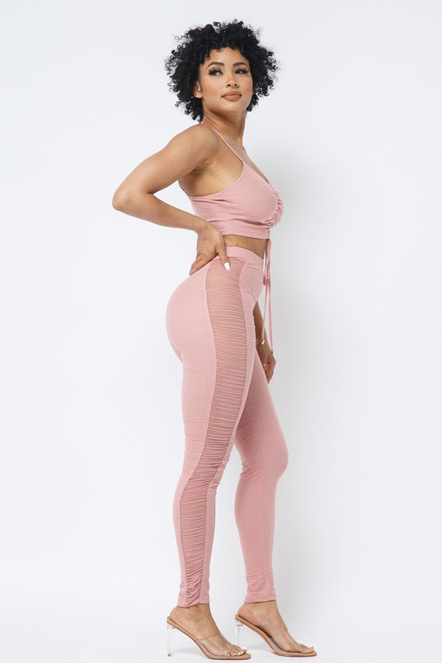 Mesh Strappy Adjustable Ruched Crop Top With Matching See Through Side Panel Leggings - Spicy and Sexy