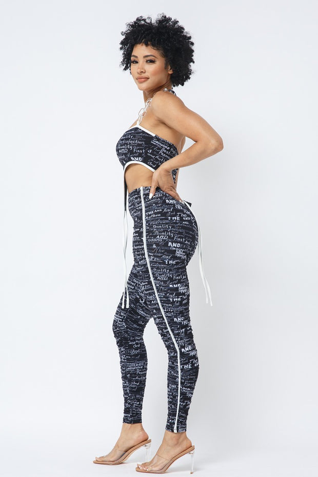 Mesh Print Crop Top With Plastic Chain Halter Neck With Matching Leggings - Spicy and Sexy