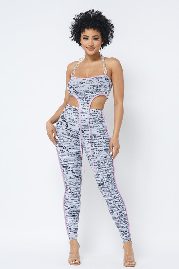 Mesh Print Crop Top With Plastic Chain Halter Neck With Matching Leggings - Spicy and Sexy