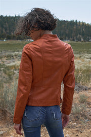 Rust Vegan Leather Long Sleeve Biker Jacket - Spicy and Sexy