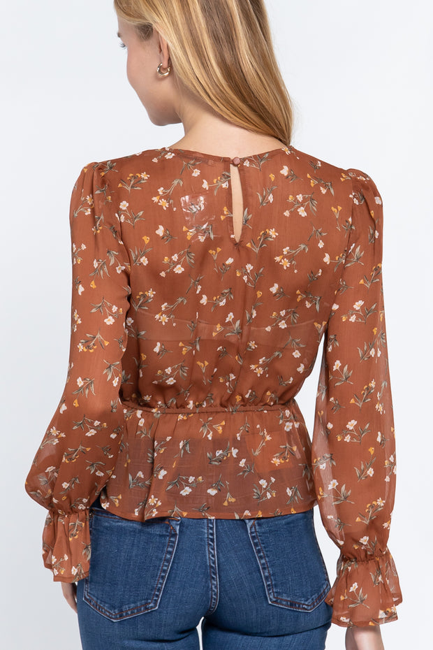 Ruffle Sleeve Peplum Print Woven Top - Spicy and Sexy