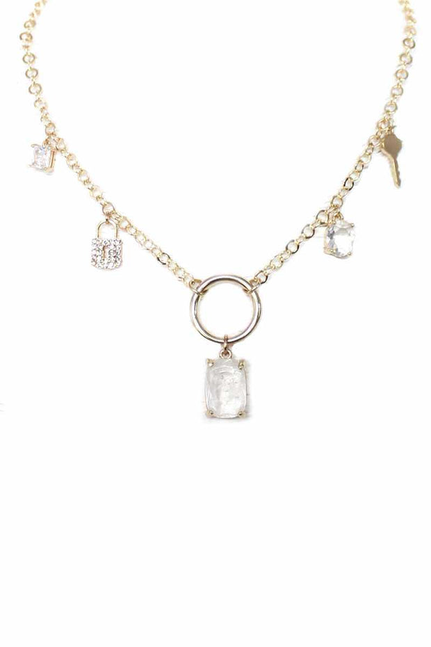 Metal Chain Crystal Stone Lock And Key Dangle Necklace - Spicy and Sexy