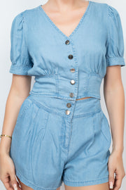 Button-Front Denim Top And Shorts Set - Spicy and Sexy