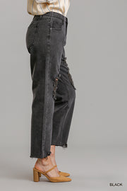 5 Pockets Non-Stretch Straight Cut Distressed Denim Jeans With Raw Hem - Spicy and Sexy