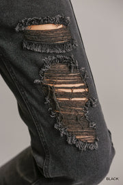 5 Pockets Non-Stretch Straight Cut Distressed Denim Jeans With Raw Hem - Spicy and Sexy