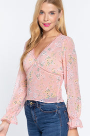 Ruffle Sleeve Floral Print Chiffon Top - Spicy and Sexy