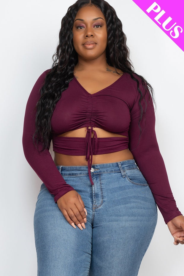 Plus Size Drawstring Ruched Cutout Crop Top - Spicy and Sexy