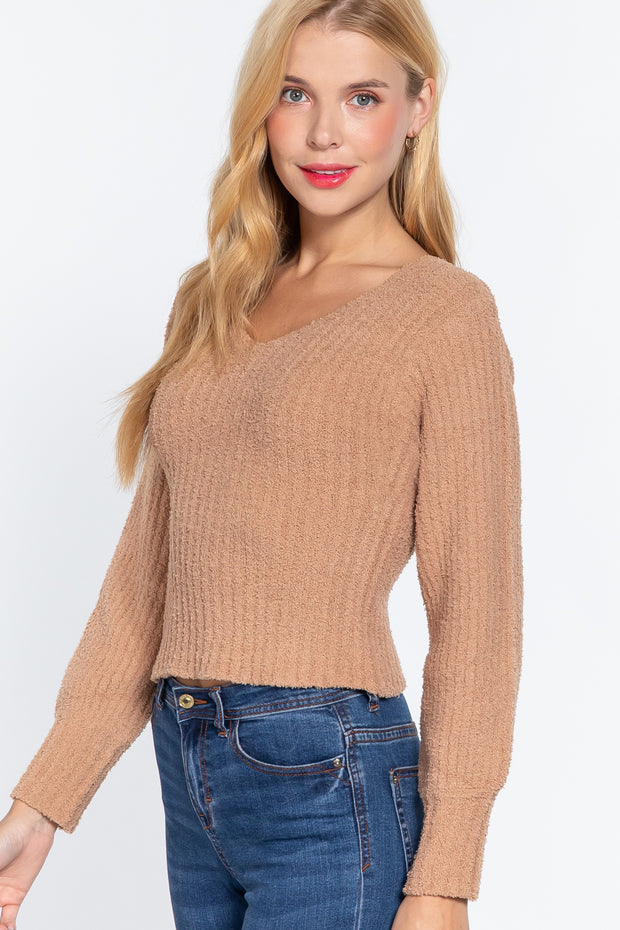 Long Puff Sleeve V-Neck Rib Sweater - Spicy and Sexy