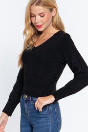 Long Puff Sleeve V-Neck Rib Sweater - Spicy and Sexy