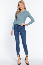 Notched Collar Zippered Sweater - Spicy and Sexy