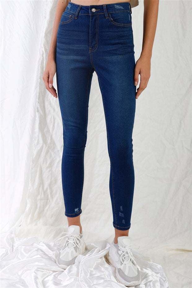 Dark Blue High-Waisted With Rips Skinny Denim Jeans - Spicy and Sexy