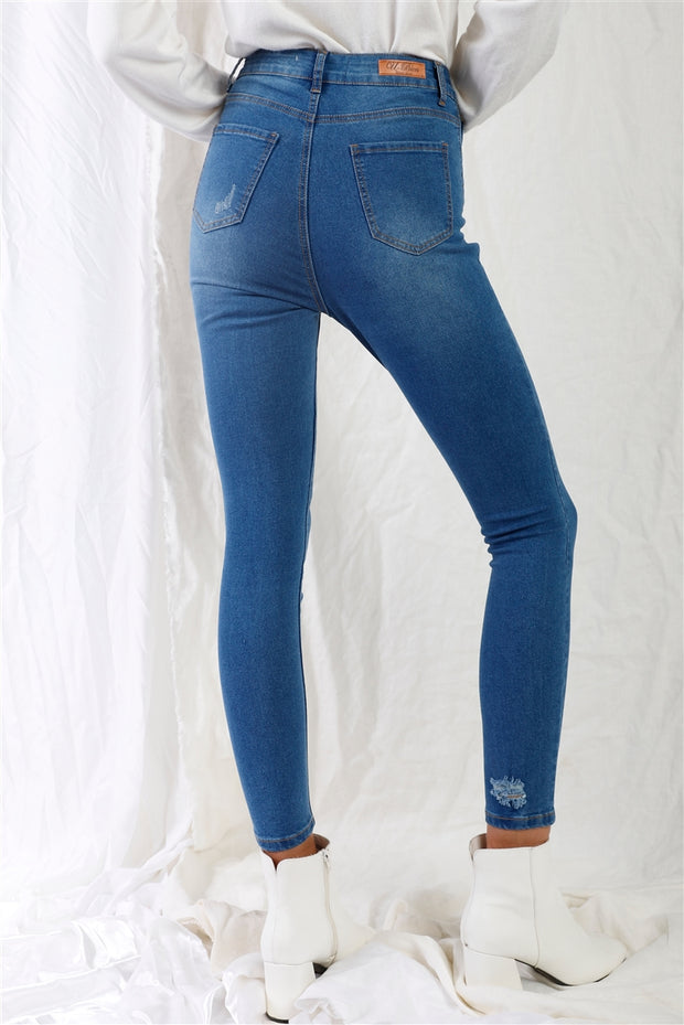 Mid Blue High-Waisted With Rips Skinny Denim Jeans - Spicy and Sexy