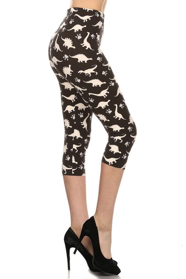 Dinosaur Printed High Waisted Capri Leggings With An Elastic Waist - Spicy and Sexy