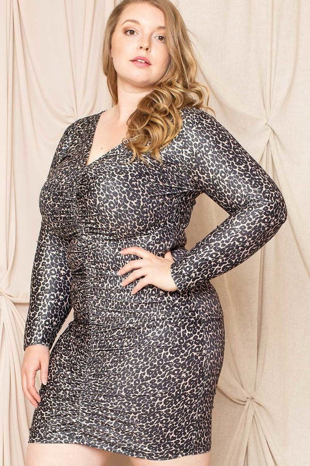 Leopard Print Shirring Plus Size Mini Dress - Spicy and Sexy