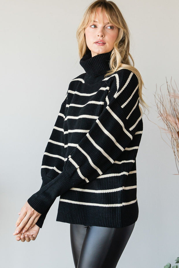 Heavy Knit Striped Turtle Neck Knit Sweater - Spicy and Sexy