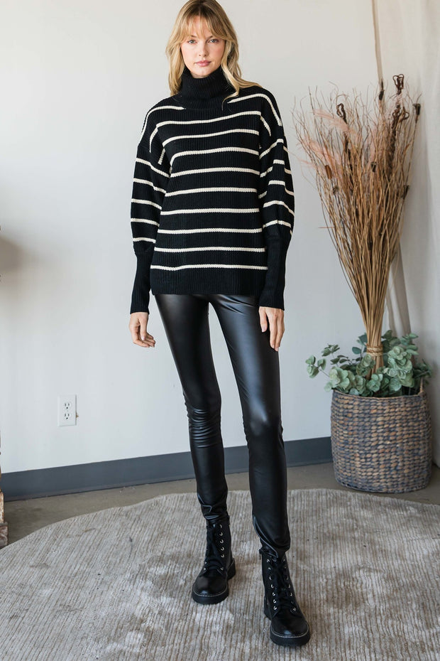 Heavy Knit Striped Turtle Neck Knit Sweater - Spicy and Sexy