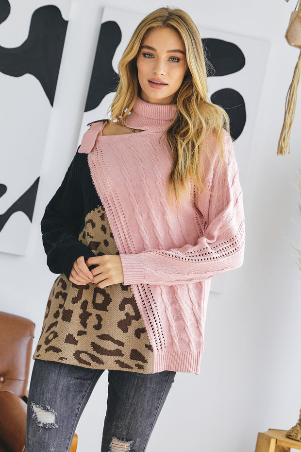 Turtle Neck Color Block Cutout Sweater - Spicy and Sexy
