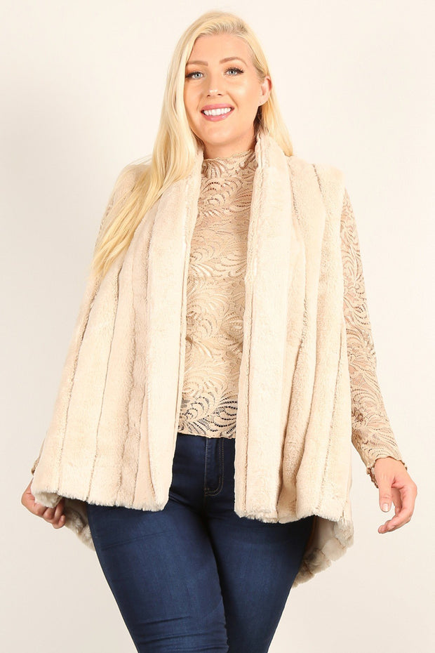 Plus Size Faux Fur Vest Jacket With Open Front, Hi-lo Hem, And Pockets - Spicy and Sexy