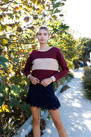 Burgundy Colorblock Long Sleeve Crop Top - Spicy and Sexy