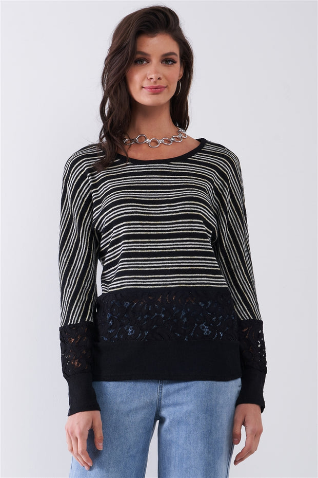 Black Striped Glitter Weave Crochet Trim Detail Long Sleeve Sweater Top - Spicy and Sexy