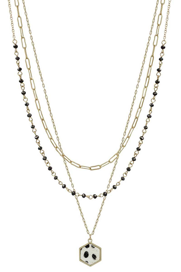 3 Layered Metal Crystal Bead Chain Hexagon Leopard Pendant Necklace - Spicy and Sexy
