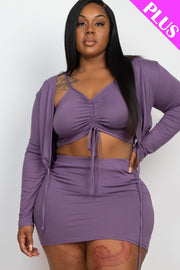 Plus Size Ruched Drawstring Cami Top & Skirt Set With Cardigan - Spicy and Sexy