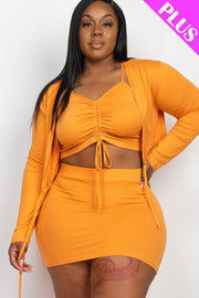 Plus Size Ruched Drawstring Cami Top & Skirt Set With Cardigan - Spicy and Sexy