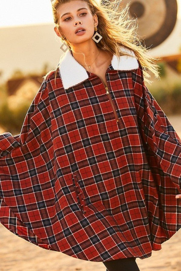 Mock Neck With Zipper Contrast Inside Front Pocket Plaid Poncho - Spicy and Sexy