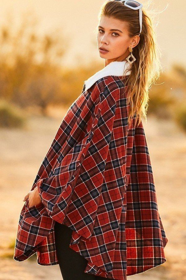 Mock Neck With Zipper Contrast Inside Front Pocket Plaid Poncho - Spicy and Sexy