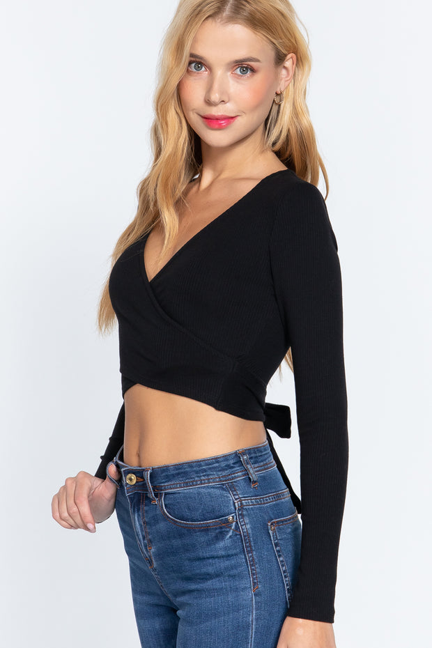 Surplice With Tie Rib Knit Top - Spicy and Sexy