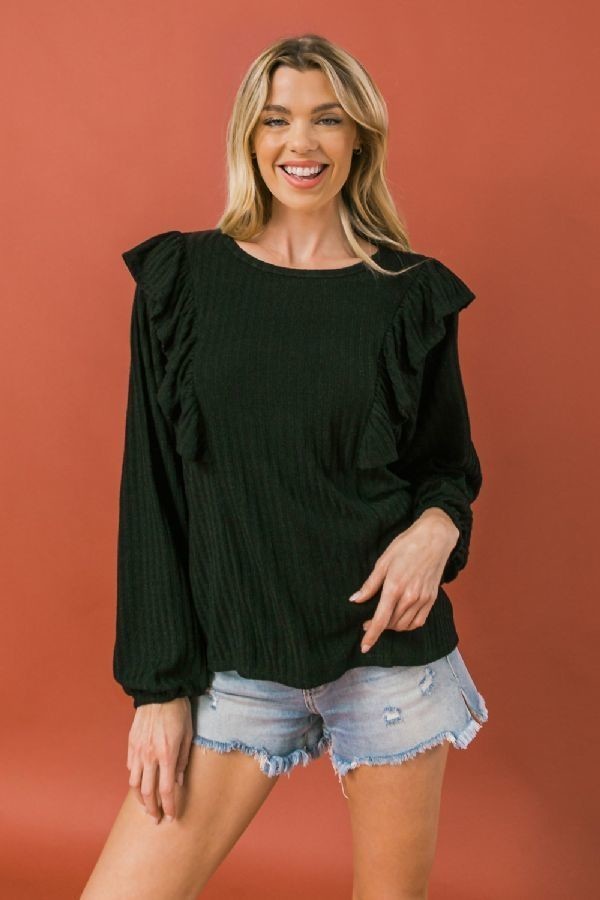 Round Neckline Front Ruffle Detail Knit Top - Spicy and Sexy