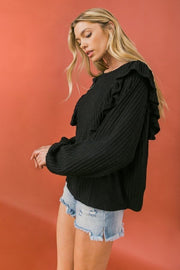 Round Neckline Front Ruffle Detail Knit Top - Spicy and Sexy