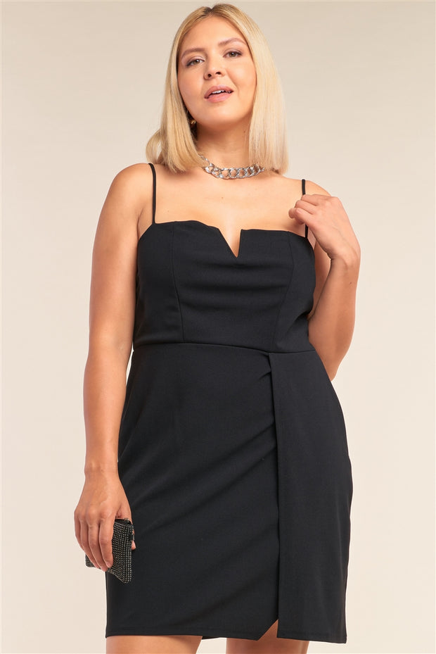 Plus Size Black Sleeveless V-Shaped Front Detail Side Slit Tight Fit Mini Dress - Spicy and Sexy