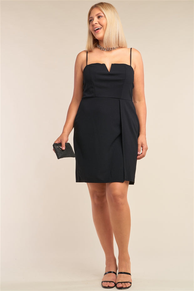 Plus Size Black Sleeveless V-Shaped Front Detail Side Slit Tight Fit Mini Dress - Spicy and Sexy